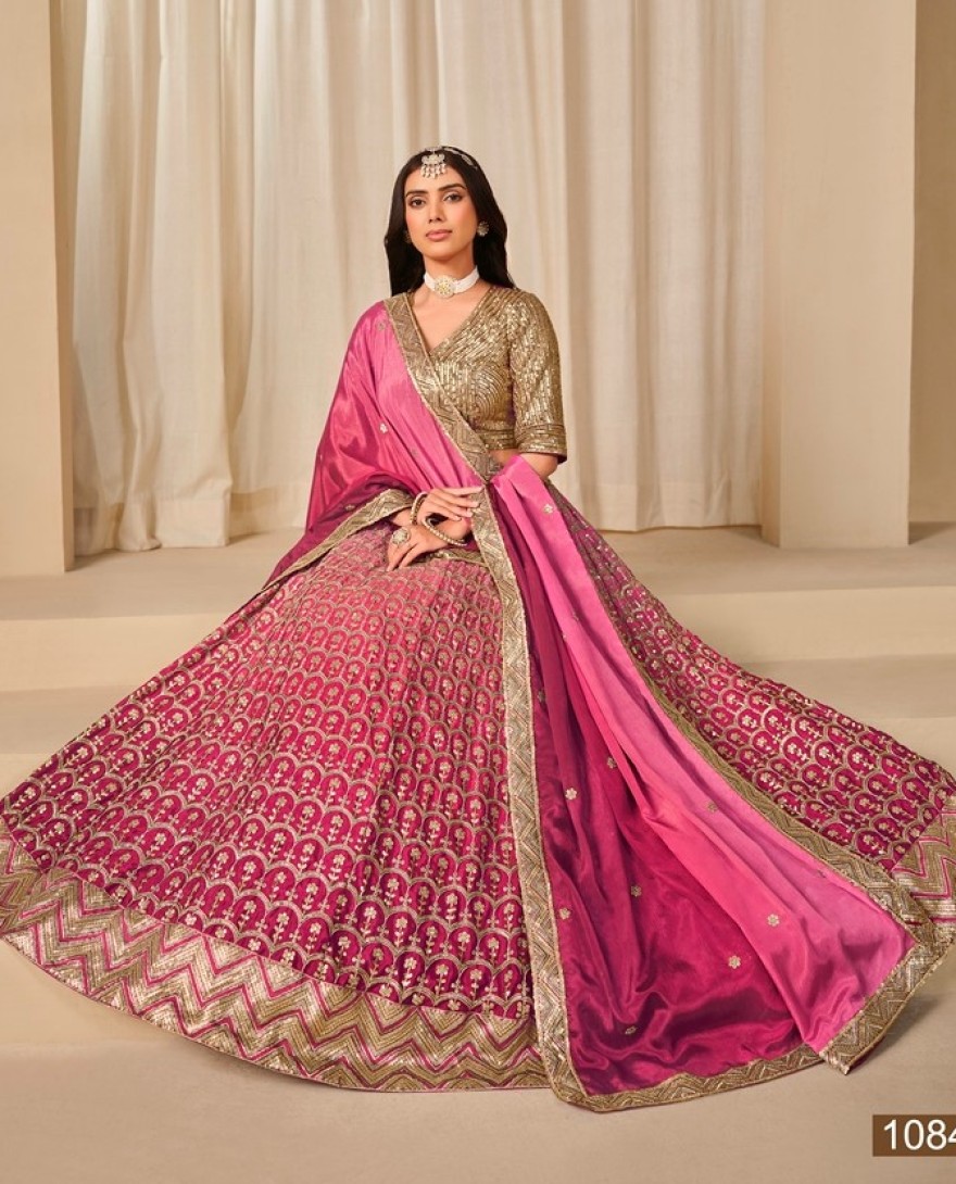 1084-pink - Chinon Trendy Lehenga Choli in Rose Pink with Embroidered Work for Women